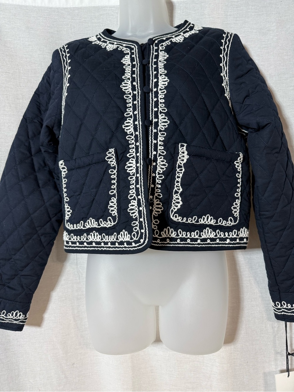bagatelle Quilted Navy Jacket with White Trim Embroidery size Medium